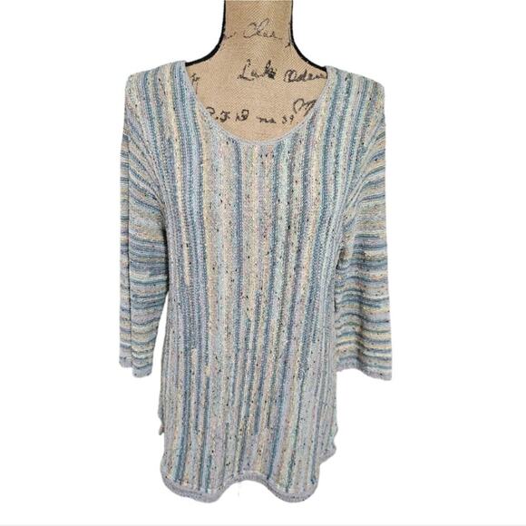 J. Jill Sweater Women's Med Blue‎ & Sage Linear Striped Textured Pullover Knit - Picture 1 of 8